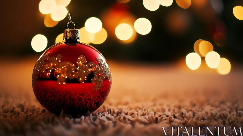 Red glass bauble with warm bokeh lights on soft carpet.