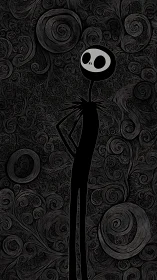 Elongated skeleton figure emerges from dense swirling filigree