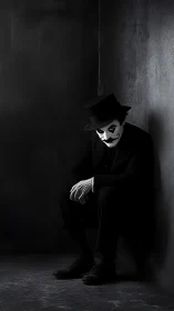 Melancholic mime resting quietly in a dim corner.