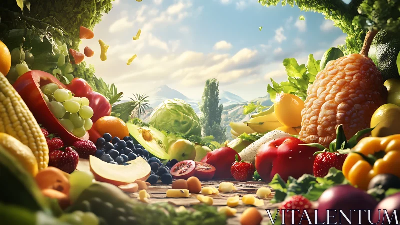 Colorful fresh fruits and vegetables arranged in landscape