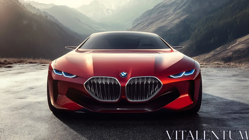 Red BMW concept sports car on mountain road at sunrise.