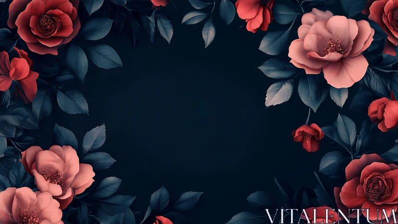 Floral Composition with Coral Roses Against Deep Navy Background