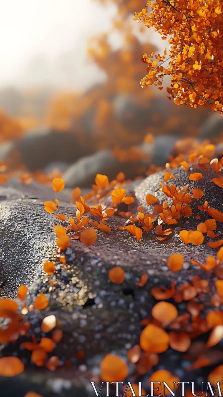 Orange foliage on rocks in shallow depth of field landscape.