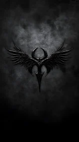 Dark metallic winged emblem on textured black background.