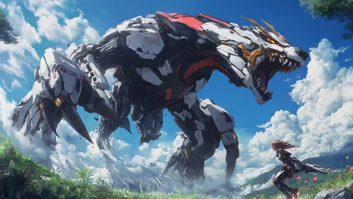 Skybreak duel with a towering mech-wolf colossus.