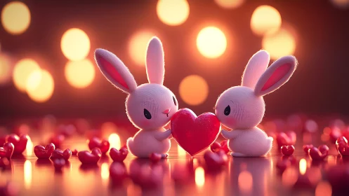Romantic stylized bunnies holding glossy red heart centerpiece.