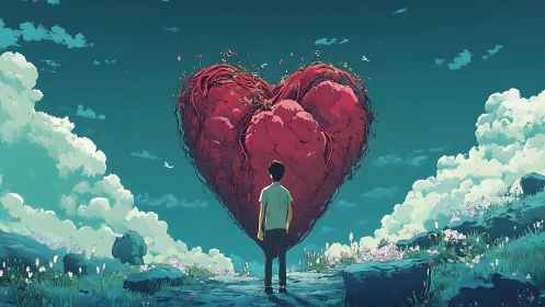 Boy Gazing at Giant Red Heart in Dreamlike Sky