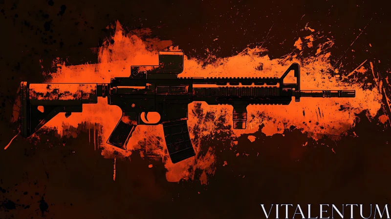 Rifle silhouette over burning orange splatter field.