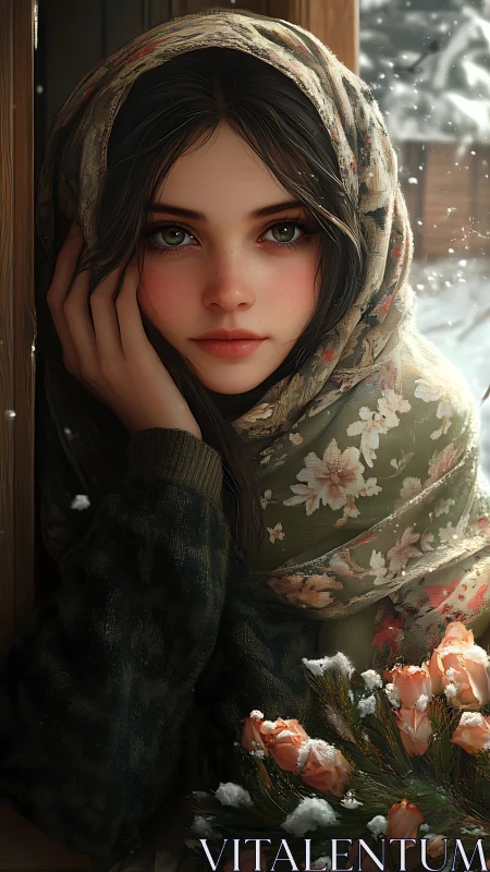 Young woman in winter shawl gazes softly through snowfall.
