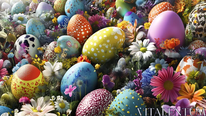 Vibrant painted Easter eggs immersed in lush spring florals.