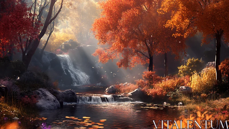 Sunlit autumn waterfall cradled in a glowing forest haven.