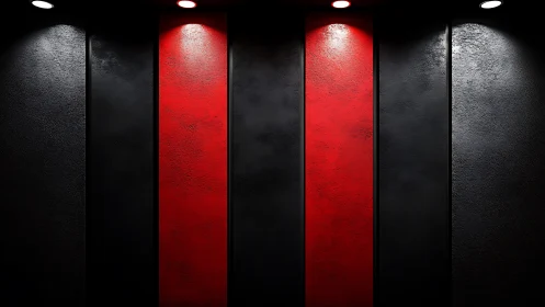 Vertical red and black panels under dramatic spotlights.