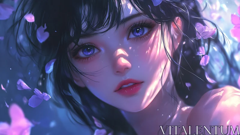 Digital close-up of young woman with petals and cool light.