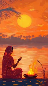 Woman in traditional dress praying by riverside fire at sunset.