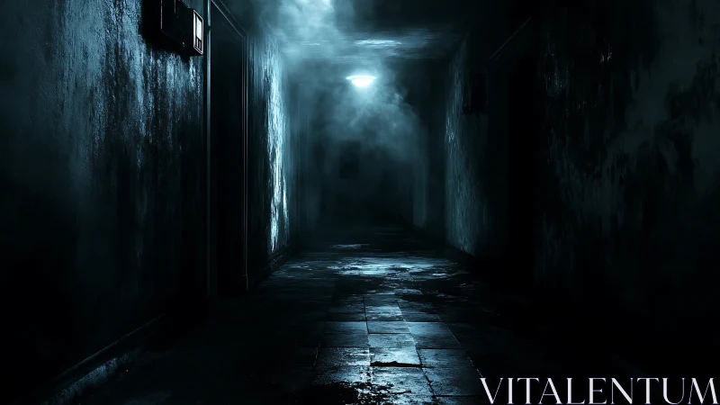 Dark abandoned hallway with mist and single ceiling light.