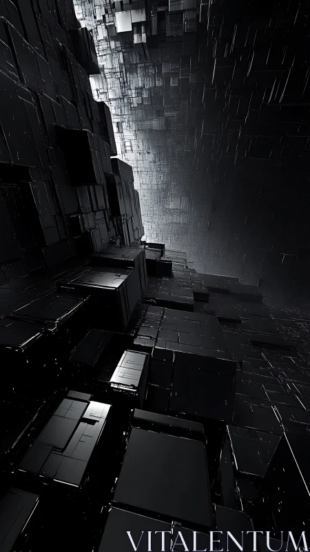 Monolithic black data cubes in dense futuristic gridscape.