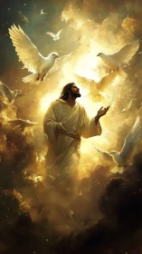 Radiant robed figure with white doves in glowing sky scene.