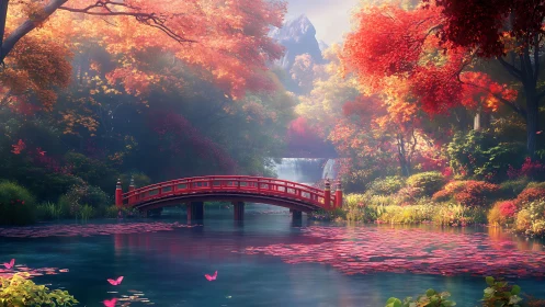 Arched red garden bridge spans reflective pond under saturated autumn canopy