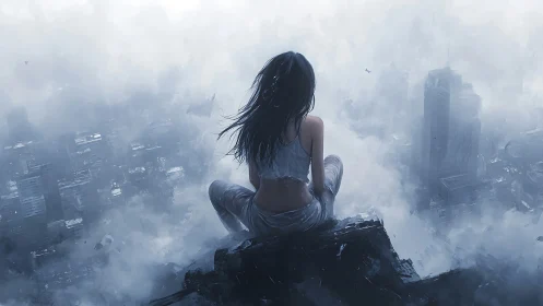 Woman sits on rooftop edge above fog covered city
