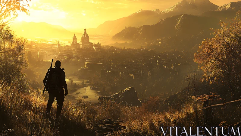 Lone wanderer greeting a golden valley city at sundown.