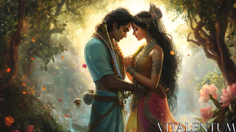 Two figures in ornate garments positioned within illuminated forest setting.