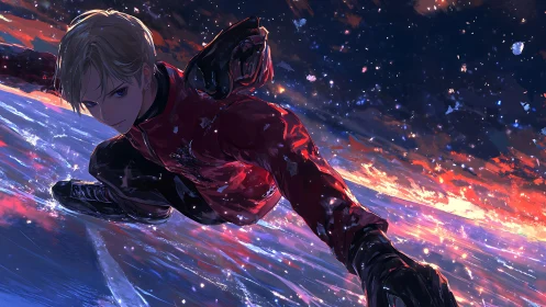 Dynamic anime skater carving luminescent ice at sunset speed