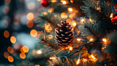 Frosted pinecone basks in cozy constellations of fairy light