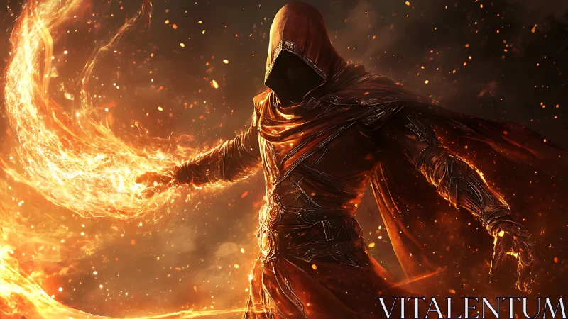 Hooded fire mage commands swirling inferno in ember storm.