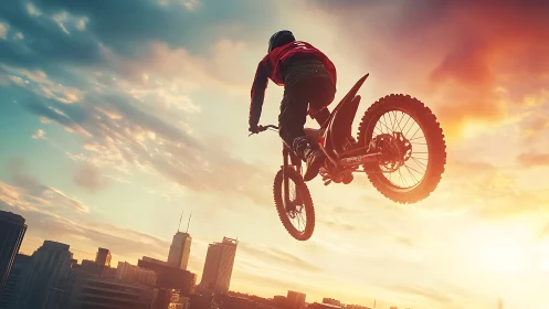 Urban skyline motocross jump in golden sunset backlight.