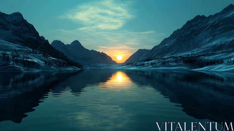 Frozen mountain lake reflects cold teal sunrise glow.