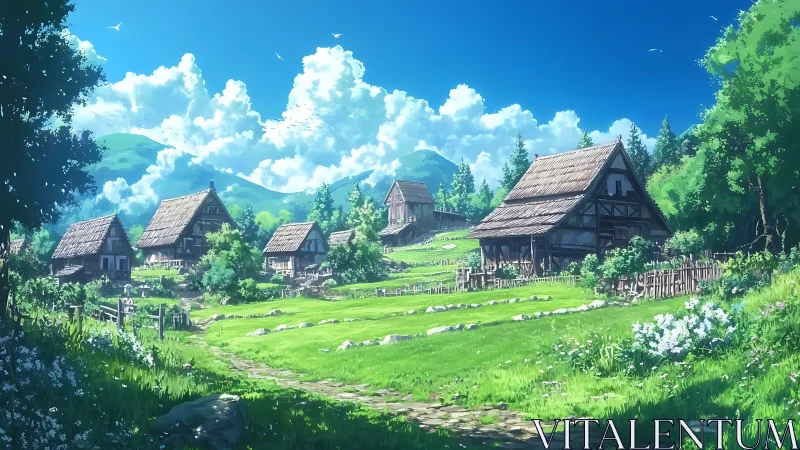 Pastoral anime village under vivid summer sky panorama.