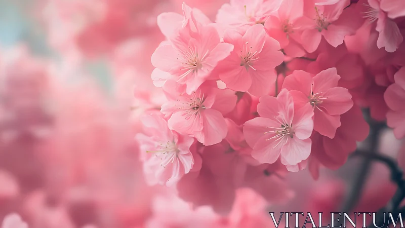 Cherry Blossoms in Soft Focus: Delicate Pink Petals and Golden Stamens.