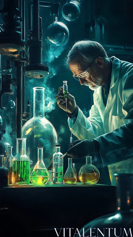 Elderly chemist studies glowing liquids in moody lab scene.