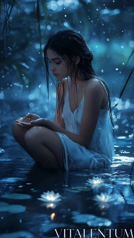 Quiet moonlit girl resting among glowing water lilies.