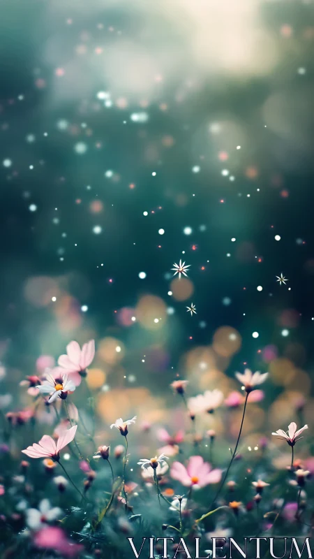Ethereal Flower Field With Bokeh Lights and Sparkles.