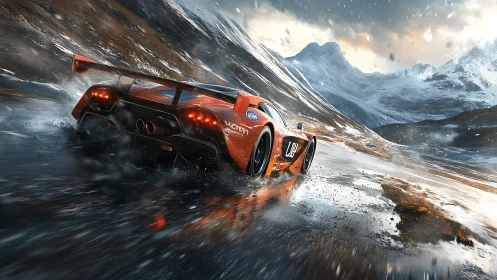Orange race car on wet mountain road in snowstorm conditions.