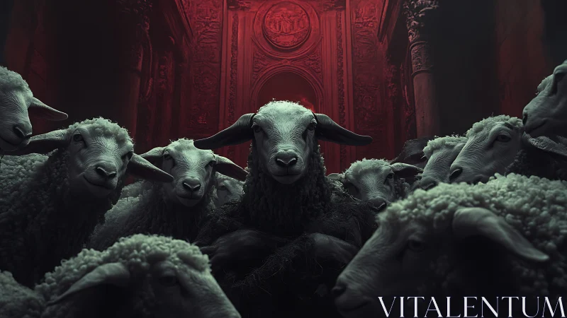 Sheep crowd framed by red-lit ornate archway indoors.