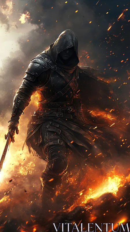 Hooded dark warrior strides through blazing battlefield.