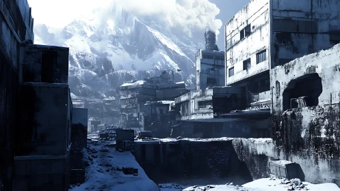 Snow-covered industrial ruins extend beneath steep mountains