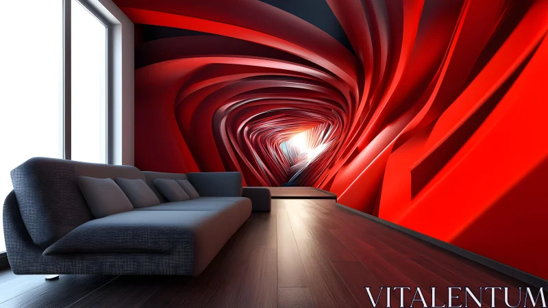 Modern living room with abstract red 3D wall art design.