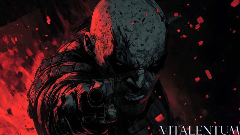 Armored figure aiming handgun amid red fragmented backdrop.