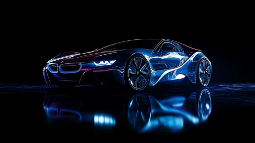 Futuristic electric sports car under neon rim lighting.