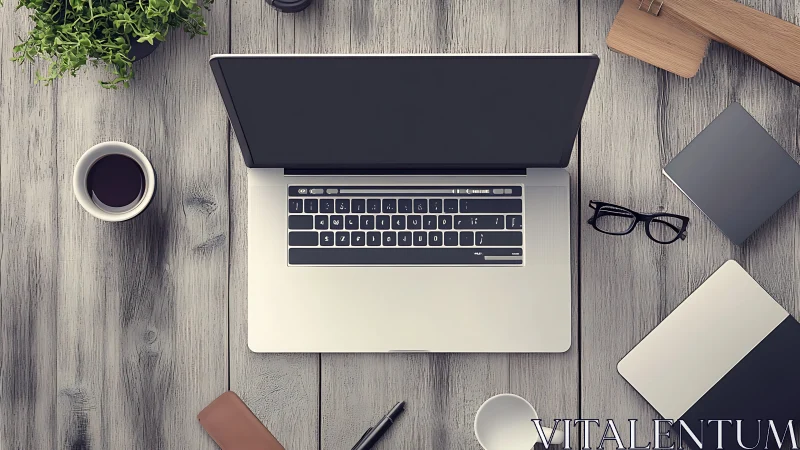 Open laptop on wooden desk surface with assorted work items