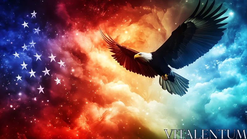 Soaring bald eagle amid cosmic red white and blue clouds.