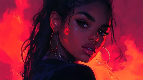 Profile portrait of woman against vivid red-orange backdrop.