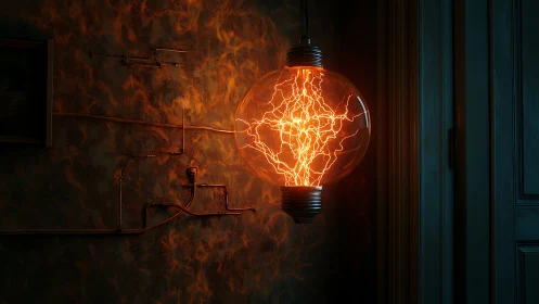 Glowing plasma bulb lamp on dark wall with copper pipes.