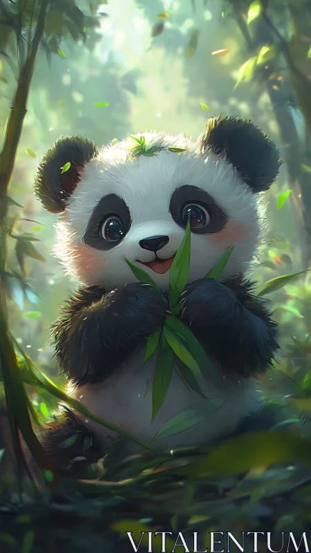 Juvenile panda portrait in lush bamboo forest backlighting