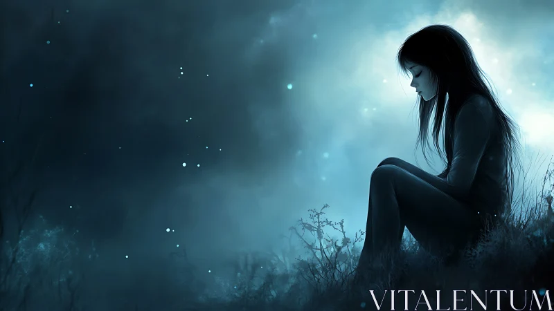 Silhouetted girl seated in blue night landscape profile view.