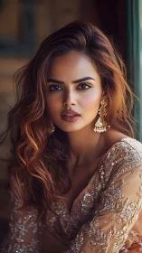 Photorealistic portrait of woman in sequined embroidered gown