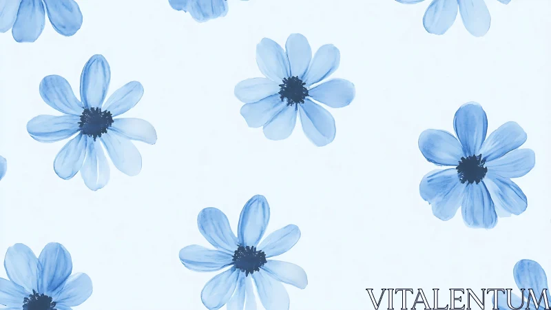 Blue daisy flowers scattered on white background.